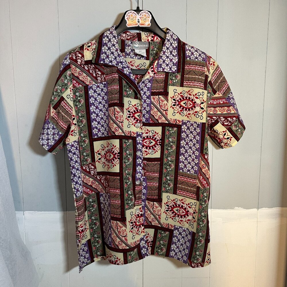 Vintage Swann Button Up Shirt Blouse Size L Womans Patchwork Short Sleeve Padded